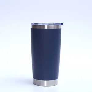 Detailed view of a 20oz navy blue matte stainless steel insulated travel tumbler mug.