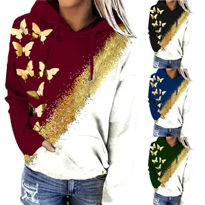 Stylish women's color-block hoodies featuring golden butterfly and glitter prints