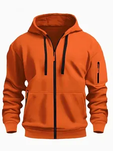 Detail of an orange men's zip-up fleece hoodie with black accents and arm pocket.