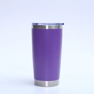 Detailed view of a 20oz purple stainless steel insulated tumbler with a clear lid