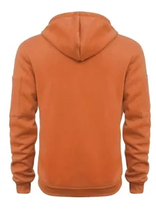 Back view of a minimalist orange men's hooded fleece sweatshirt for autumn and winter