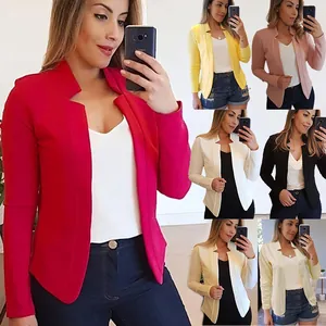 Collage of colorful women's slim fit open front blazers in various vibrant shades.