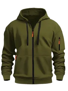 Men's olive green zip-up hoodie featuring orange zipper accents and sleeve pocket
