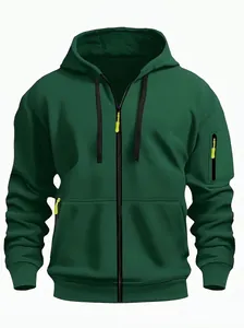 Men's loose fit dark green zip-up hoodie with hood and warm fleece lining for winter