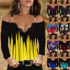 Variety of women's off-the-shoulder long-sleeve tops with chain straps and chic prints