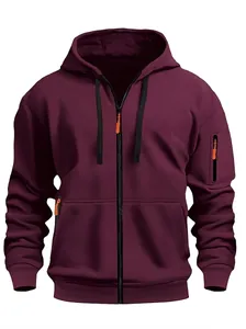 Men's loose hooded zip-up sweatshirt in burgundy featuring stylish orange zippers