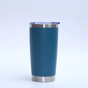 Durable 20oz matte blue stainless steel vacuum insulated travel tumbler with clear lid.