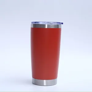 Detail of red 20oz vacuum insulated stainless steel tumbler with sliding clear lid