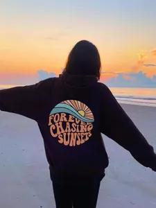 Forever Chasing Sunsets Sweat à Capuche Oversize Style Américain Imprimé Mer Rétro Pull en Polaire Automne Hiver Sweat-shirt à Capuche Décontracté