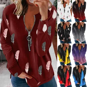 Women's V-neck zipper long sleeve shirt with feather print in multiple colors