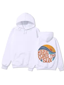 Sweat-shirt à capuche blanc de style américain avec graphique soleil rétro au dos