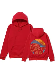 Sweat à capuche rouge oversize pour femmes avec graphique 'Here Comes the Sun'