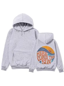 Sweat à capuche gris oversize pour femmes avec motif soleil au dos