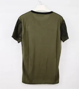 Back view of men's olive green sports fitness T-shirt with camouflage print sleeves.