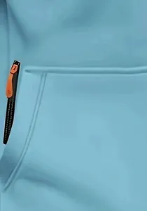 Close-up detail of a zipper pocket on a light blue men's fleece hoodie jacket.