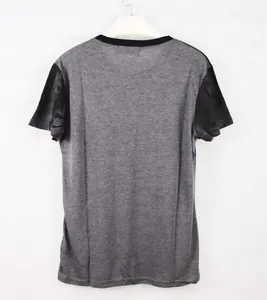 Back view of men's athletic heather grey short sleeve T-shirt with black camo sleeves