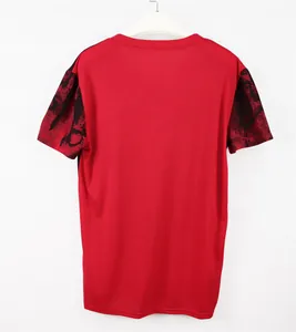 Detailed back view of a vibrant red men's sports t-shirt with black camo print sleeves