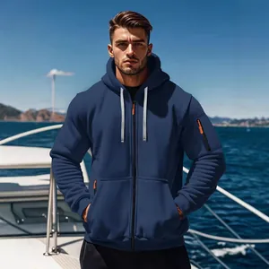 Premium men's navy blue zip-up fleece hoodie with stylish orange zipper details on yacht
