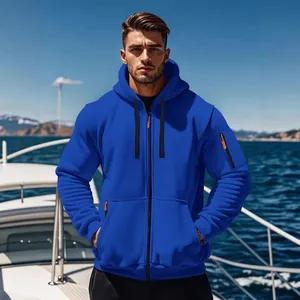 Premium men's royal blue zip-up hoodie sweatshirt featuring a loose fit and warm fleece
