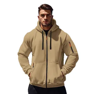 Men's khaki zip-up hoodie with warm fleece lining and orange zipper accents