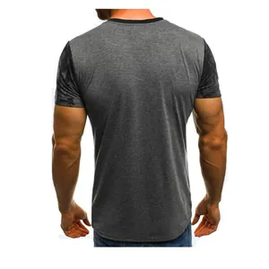 Back view of men's athletic grey short sleeve T-shirt with camouflage sleeve detail