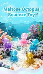 Glitter octopus squishy toys shown in a detailed underwater scene for stress relief