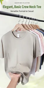 High-quality 230g short-sleeved men's cotton t-shirts hanging on wooden hangers for display.
