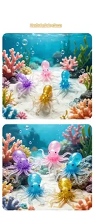 Detailed view of colorful glitter octopus squeeze toys in a simulated underwater environment