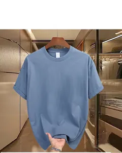 Macro detail of a soft 230g light blue short-sleeved t-shirt with a loose fit