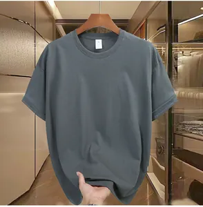 Close-up view of a soft gray 230g cotton men's T-shirt showing fabric texture and flexibility