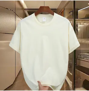Detailed view of high-quality 230g men's short-sleeved loose pale yellow cotton T-shirt