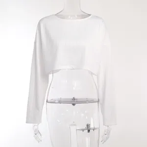 Vue de face d'un haut court à manches longues blanc avec broderie anglaise pour femmes.