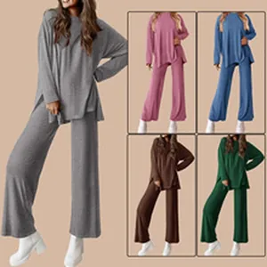 Casual women's two-piece lounge set with wide-leg pants and loose top in multiple colors
