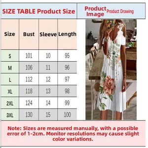 Tabla de tallas detallada para vestido de verano con flores, hombros caídos y encaje