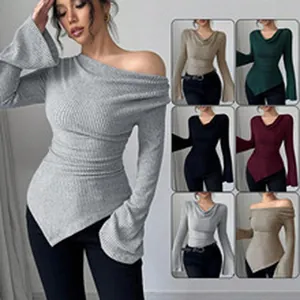 Stylish off-the-shoulder ribbed long sleeve top with asymmetrical hem in various colors