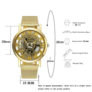 Technical specs of gold skeleton quartz watch with 39mm case and mesh band.