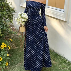Elegant navy blue polka dot off-the-shoulder maxi dress with long sleeves for women