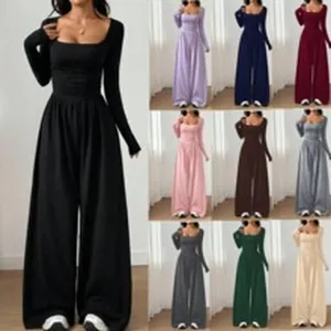 Detailed view of women's square neck long sleeve wide leg jumpsuits in various colors