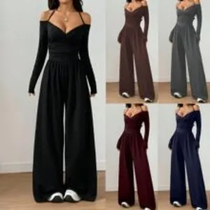 Elegant off-the-shoulder V-neck long sleeve wide-leg jumpsuit for women