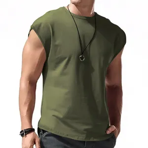 T-shirt sans manches vert olive pour homme, débardeur de musculation en coton décontracté