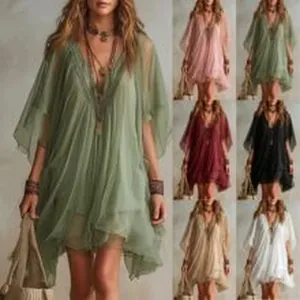 Six different colors of bohemian V-neck mesh mini dresses with bell sleeves for summer
