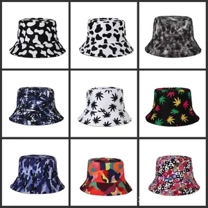 Collection of nine uniquely patterned bucket hats displayed in a professional grid layout.