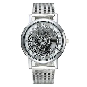 Front view of men's business quartz watch featuring a unique skeleton dial detail