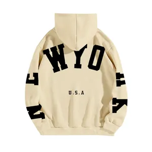 Casual oversized beige fleece hoodie with black New York USA graphic print on back