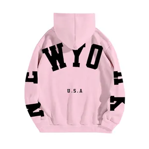 Oversized light pink fleece hooded sweatshirt with bold New York USA back print