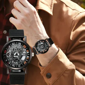 Fashionable men's quartz business watch featuring black skeleton dial and mesh band