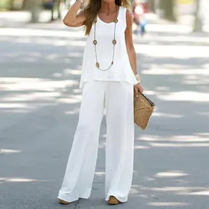 Ensemble d'été 2 pièces blanc élégant avec haut sans manches et pantalon large
