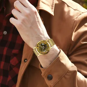Elegant gold-tone men's business skeleton quartz watch with luxury metal mesh strap