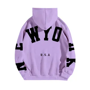 Oversized purple hooded sweatshirt with New York U.S.A letter print on the back
