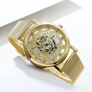Fashionable gold skeleton quartz watch for men with minimalist mesh strap and business style